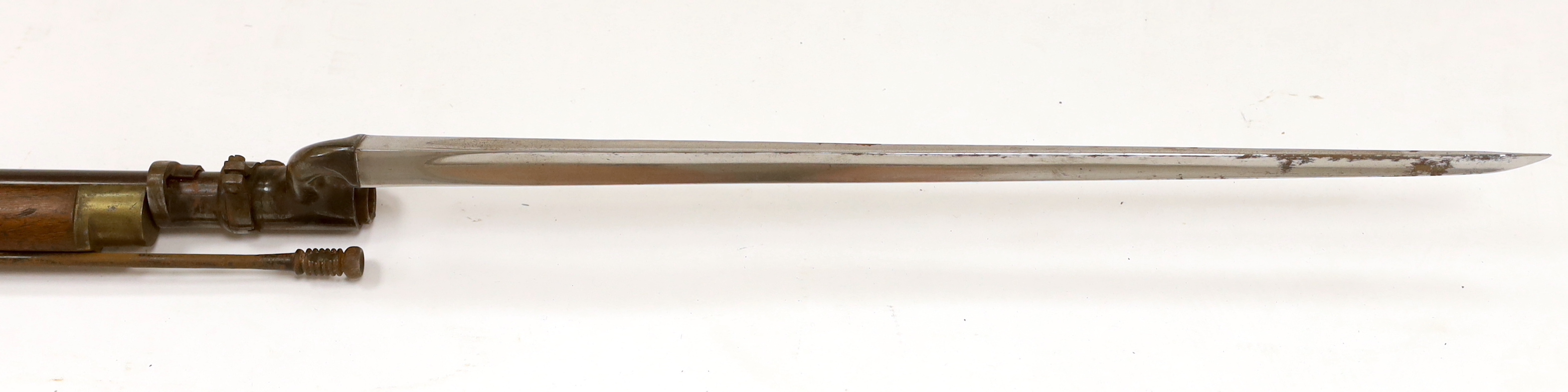 A .577 inch three band Enfield Military percussion rifle, lock stamped Tower 1868 with crown entail
